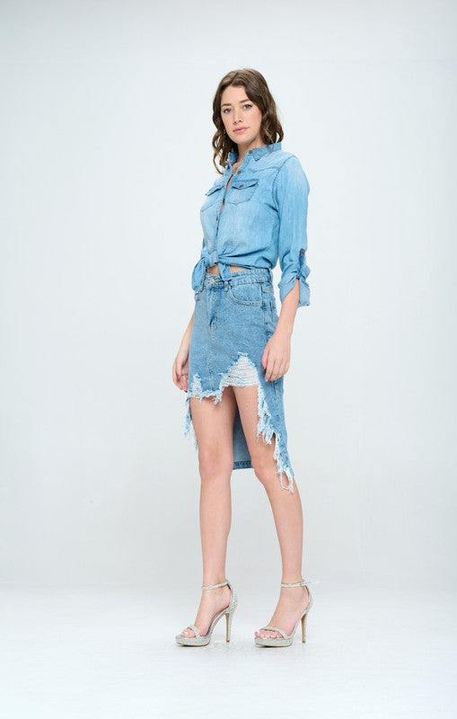 Front Shredded Denim Skirt