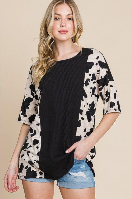Cow Print Short Sleeve Blouse