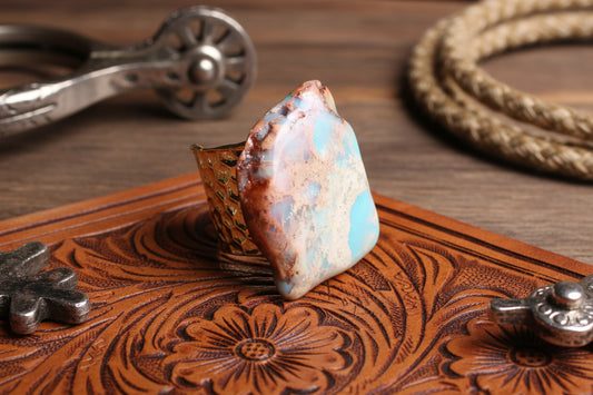 Chunky Aqua Terra Slab on Hammered Cuff Ring Base
