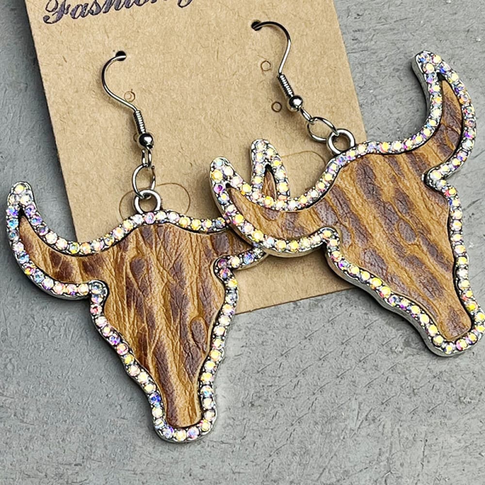 Rhinestone Trim Cow Head Earrings