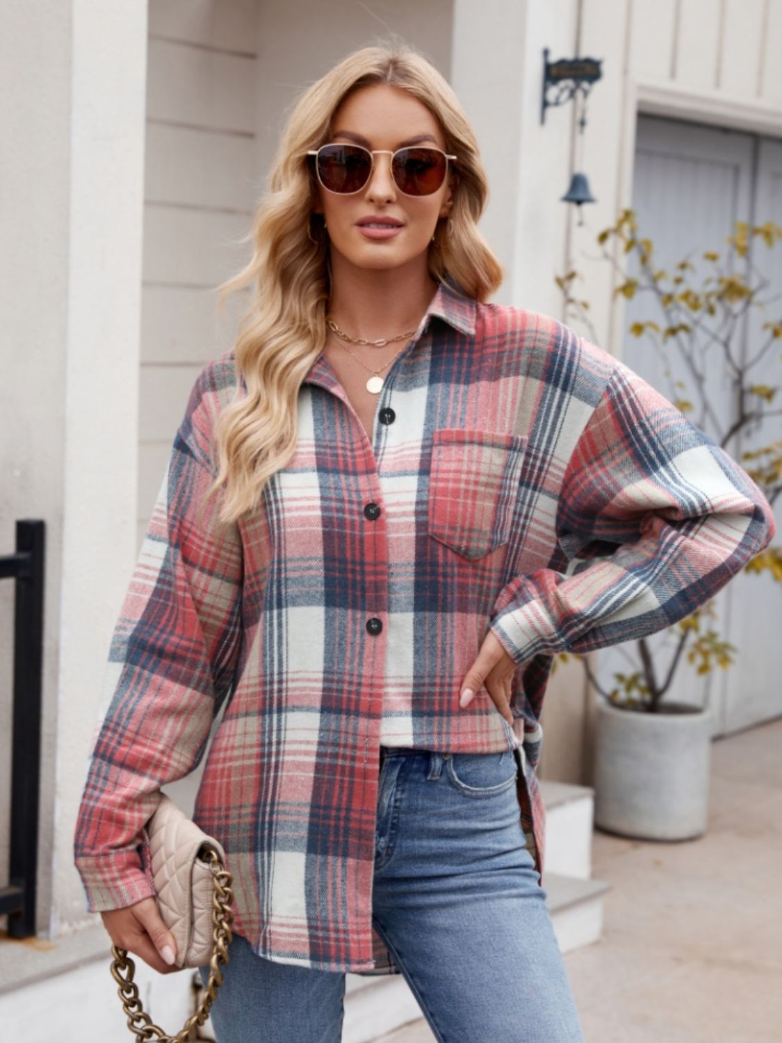 Pocketed Plaid Long Sleeve Shirt