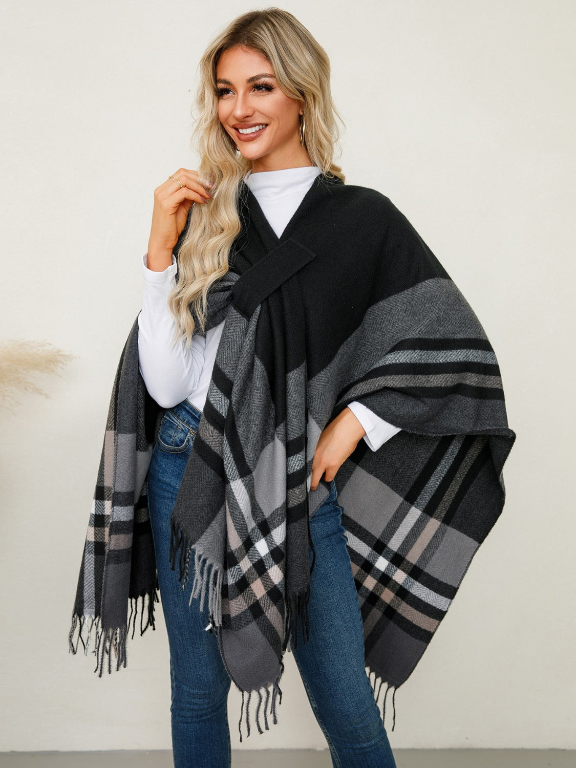 Fringe Plaid Poncho