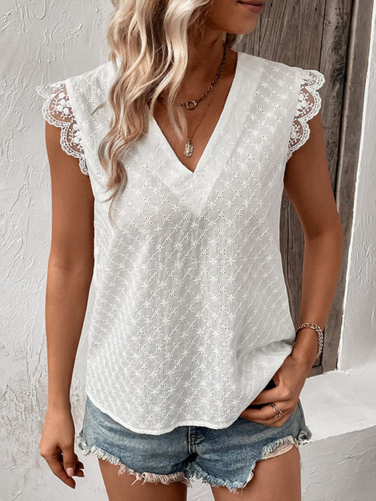 V-Neck Cap Sleeve Lace Top