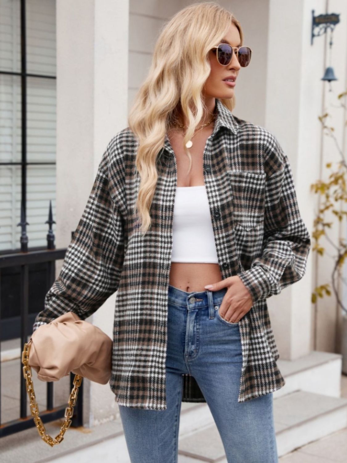 Pocketed Plaid Long Sleeve Shirt