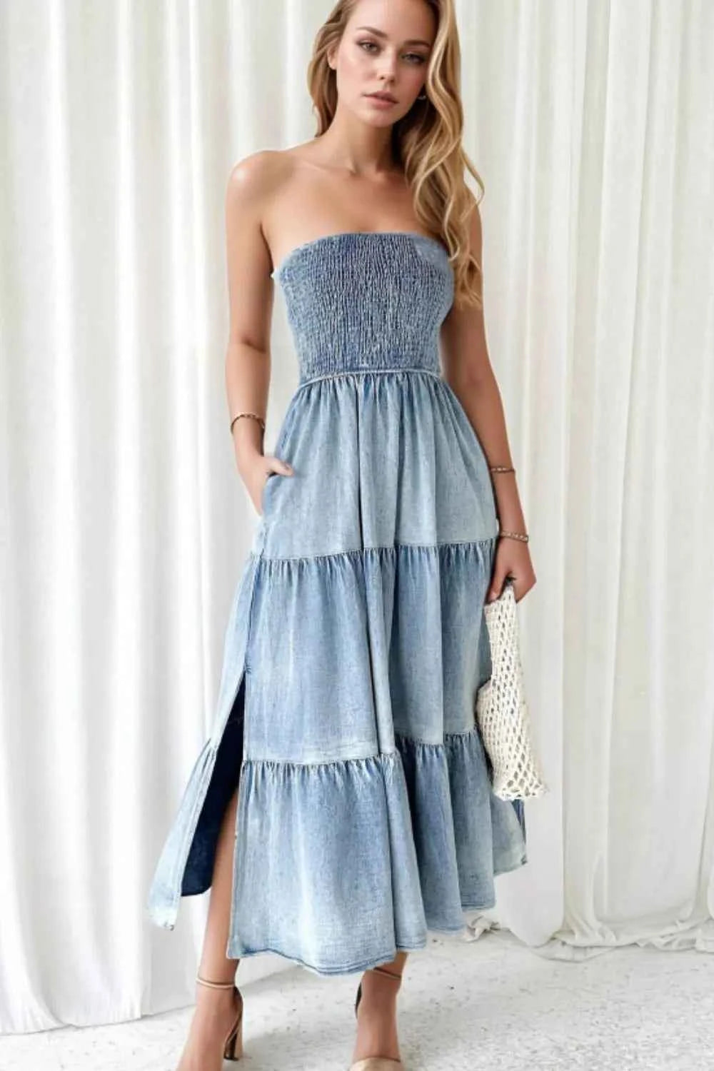Tube Top Tiered Denim Dress