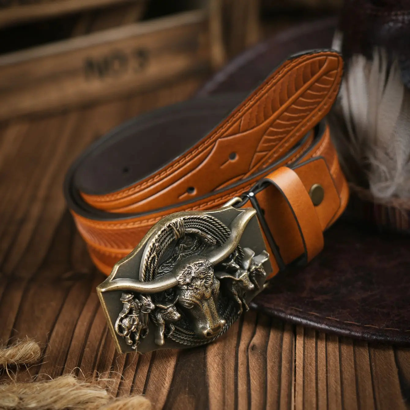 Western Leather  Belt & Bull Buckle