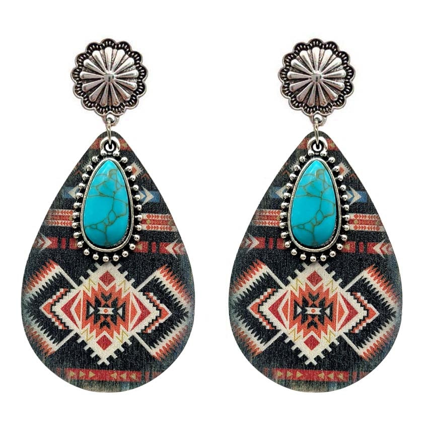 Wooden Aztec Teardrop Earrings