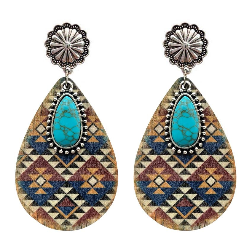 Wooden Aztec Teardrop Earrings