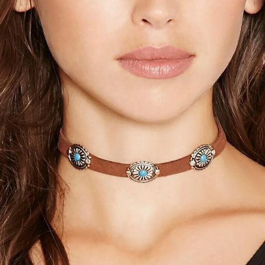 Western Leather Turquoise Choker