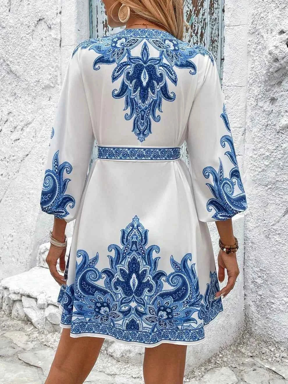 Paisley V-Neck 3/4 Sleeve Mini Dress