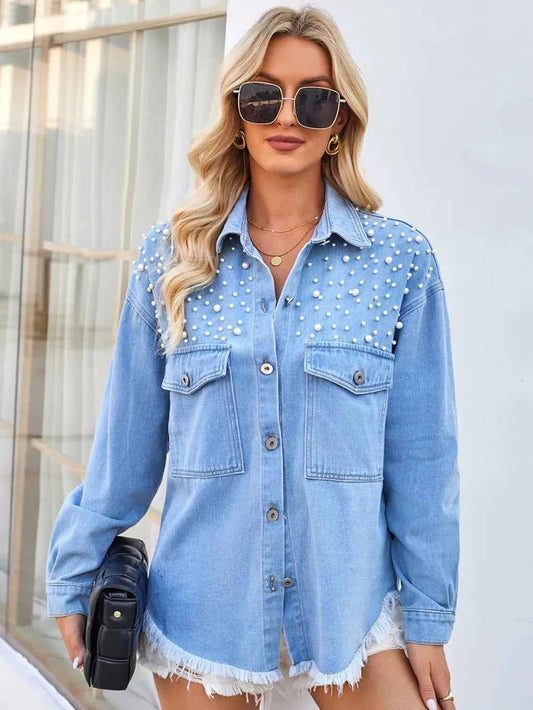 Pearl Detail Pocketed Button Up Denim Jacket