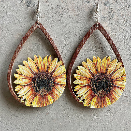 Sunflower Wooden Teardrop Earrings