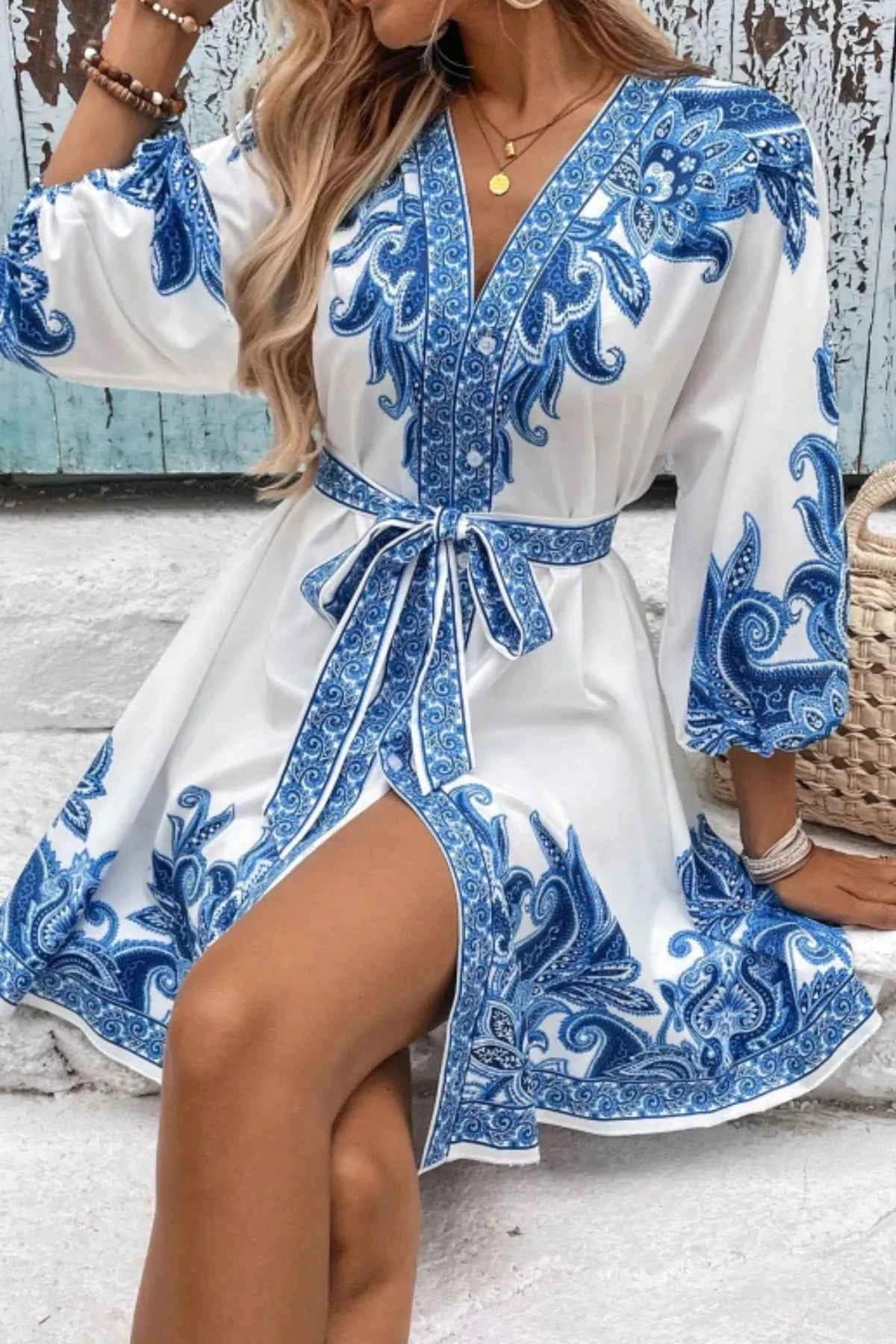Paisley V-Neck 3/4 Sleeve Mini Dress