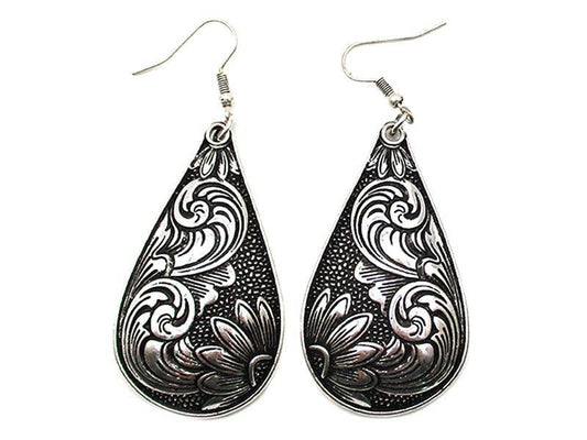 Western Teardrop Etched Dangle Earring