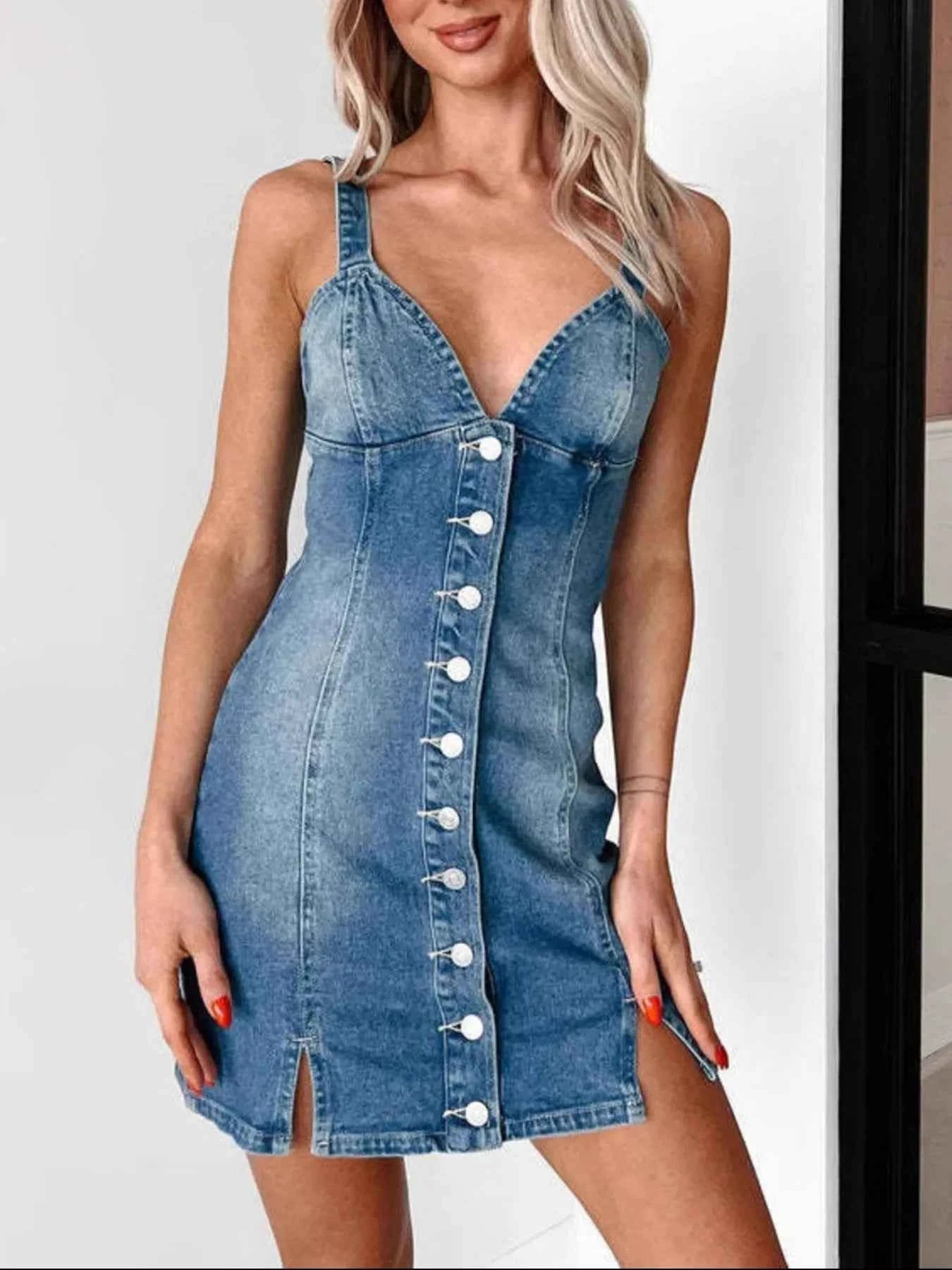 Button Front Sweetheart Neck Denim Mini Dress