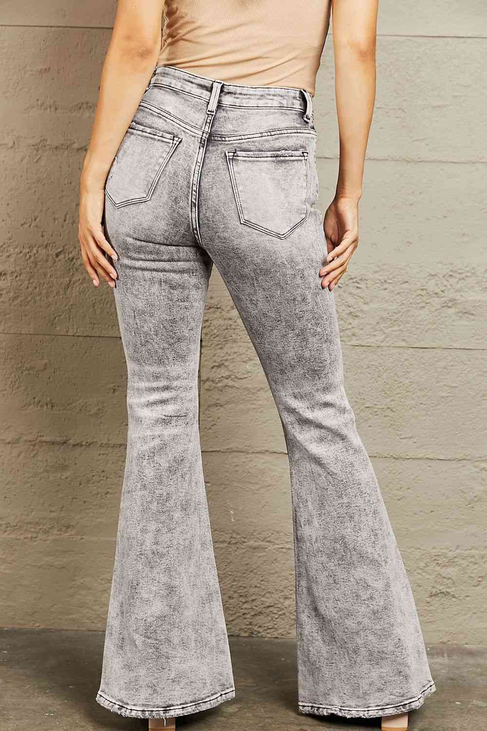 High-Waisted Acid Wash Flare Jeans
