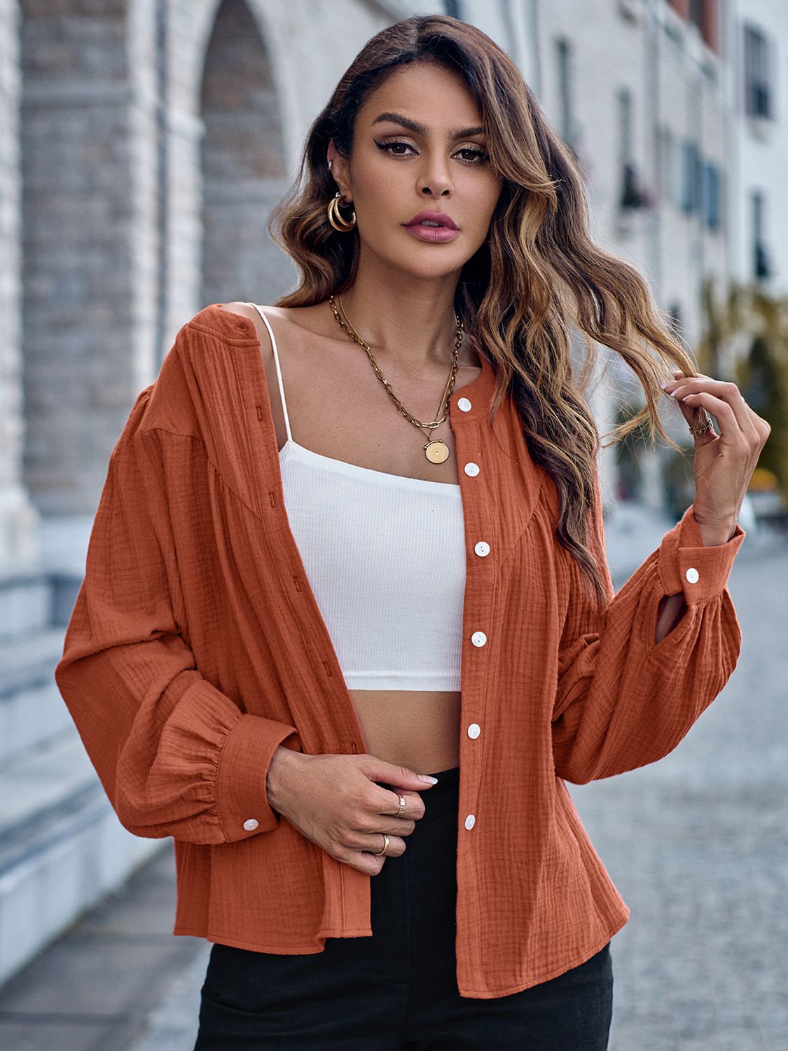 Button Down Puff Sleeve Blouse