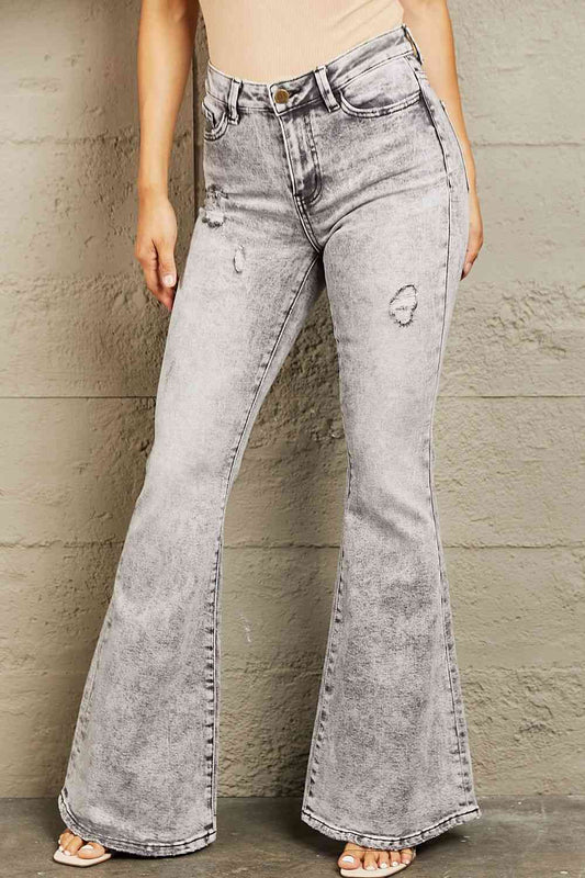 High-Waisted Acid Wash Flare Jeans